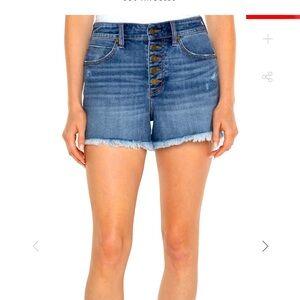Liverpool Los Angeles Christine Hi-rise eco A line frayed denim shorts.